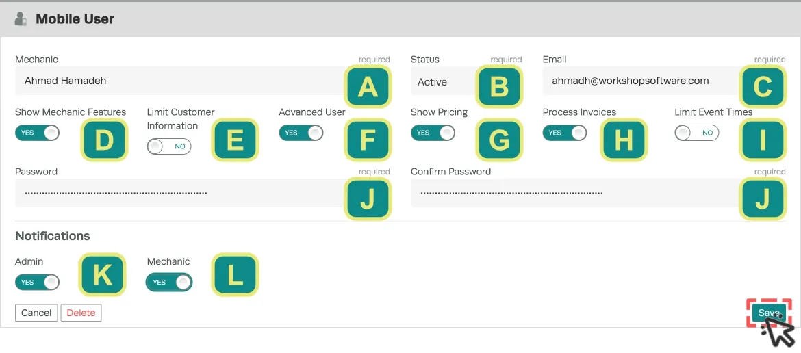 A screenshot of the Mobile User card with a letter next to each setting.