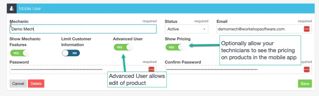 Workshop Software mobile app product editing screen