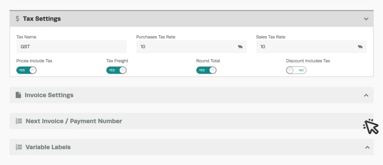 A cropped screenshot of Workshop Software’s Company Settings page. The header bar for Next Invoice / Payment Number is visible and a cursor indicates to click the arrow on the right of this bar.