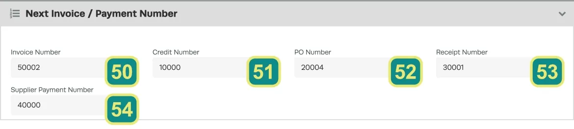 A numbered screenshot of the Next Invoice / Payment Number card.