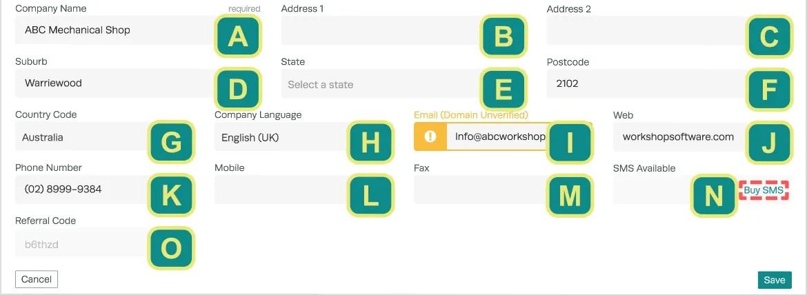 A screenshot of the company profile page, each field is assigned a letter.