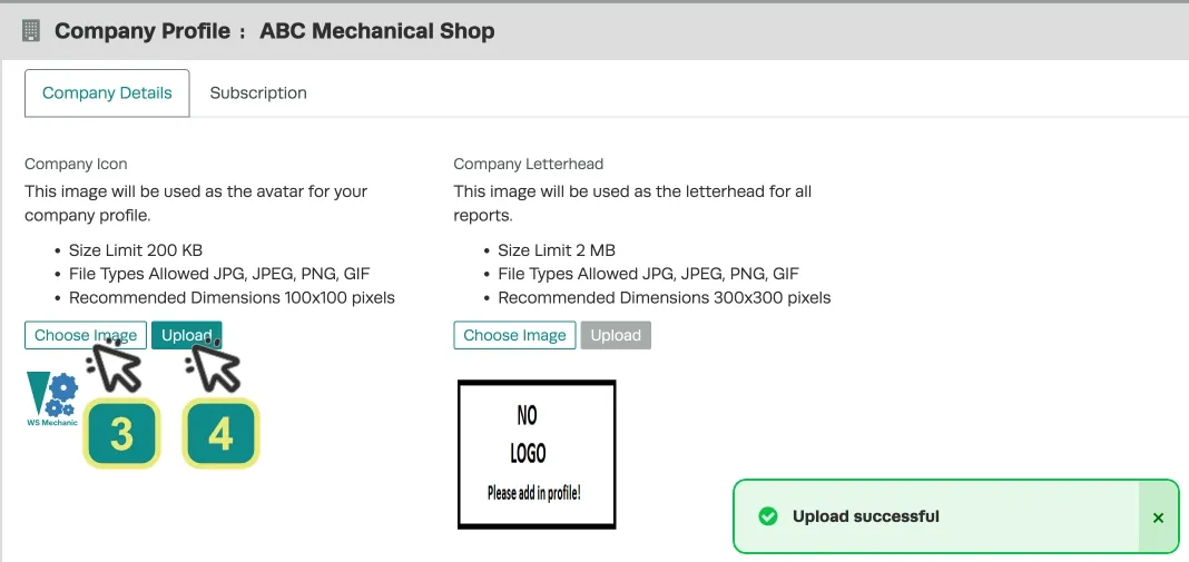 A screenshot of the Company Profile page. Numbered Cursors indicate how to select and upload an image.