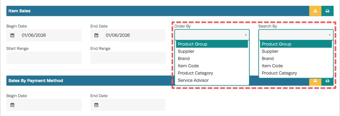 A screenshot of the options available for a Item Sales report, The Order By and Search By drop down menus are highlighted and Product Group is selected.