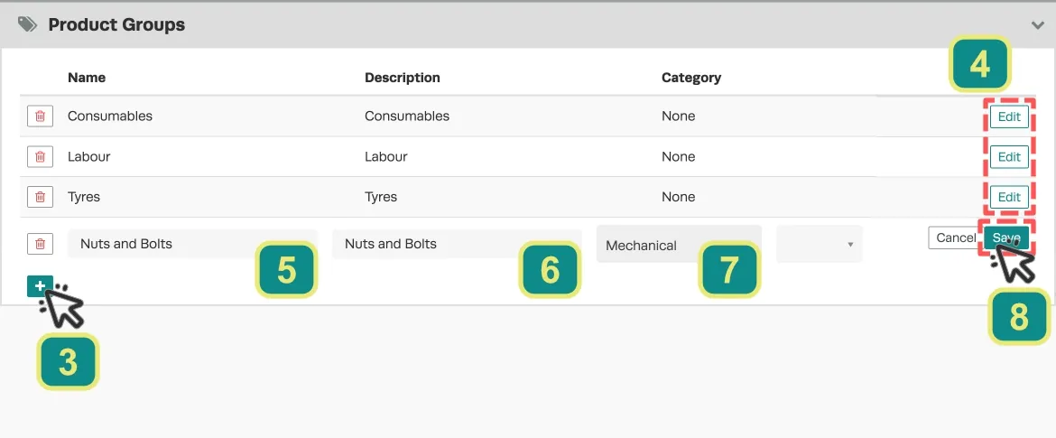 A screenshot of the Product Groups heading in Workshop Software’s Company List Page. Numbers call out the + icon, Name Description and Category fields, the Edit buttons and the Save button.