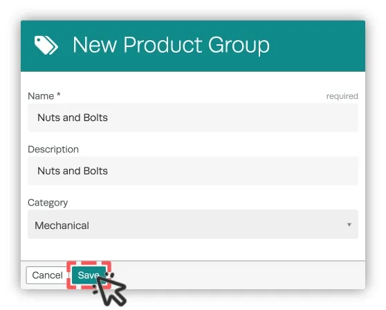 A screenshot of the New Product Group pop up in Workshop Software’s Product page. Save is highlighted.