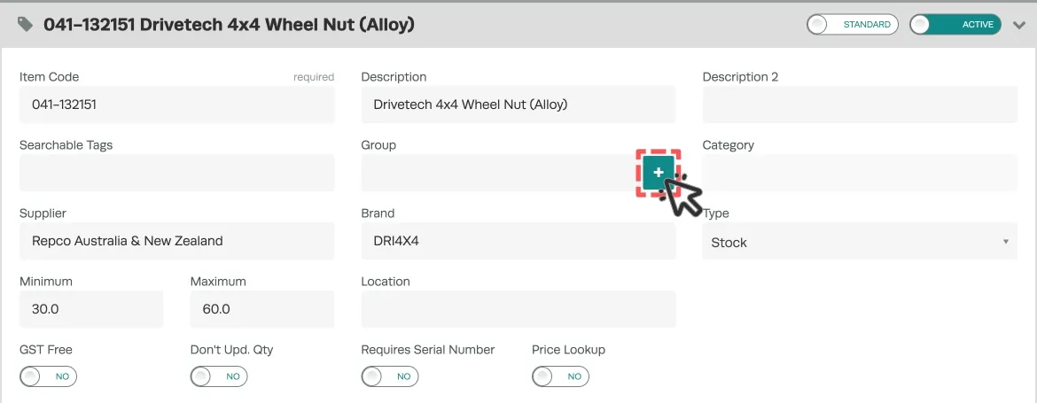 A cropped screenshot of a Product page, the Group field’s + icon is highlighted.