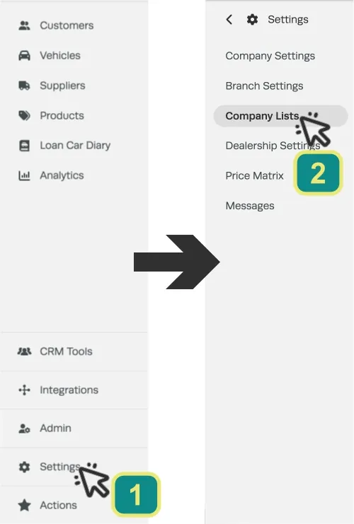 Screenshots of Workshop Software’s left hand side bar, cursors indicate to click Settings then Company Lists.