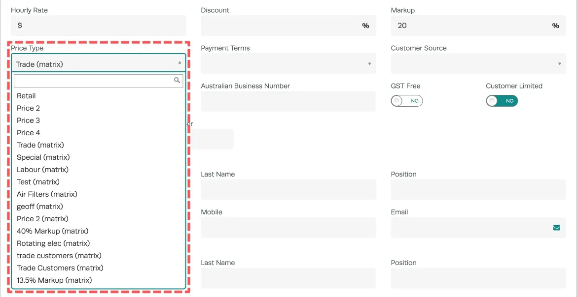 A cropped screenshot of a Workshop Software Customer. The Price Type dropdown is highlighted showing a list of possible Matrix prices.