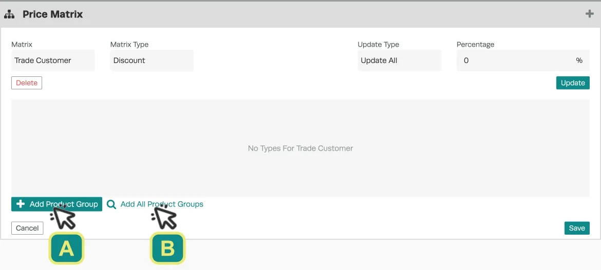 A screenshot of a new Price Matrix called Trade Customer. The button for Add a Product group is marked with a cursor labeled A, the button for Add All Product Groups is marked with B.
