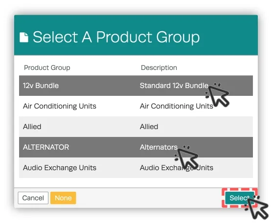 A screenshot of the Select a Product Group pop up. Cursors indicate clicking two Product Groups to select them, the the Select button to confirm.