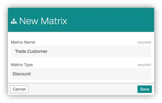 The pop up to add a new Price Matrix with fields for Matrix Name and Matrix Type