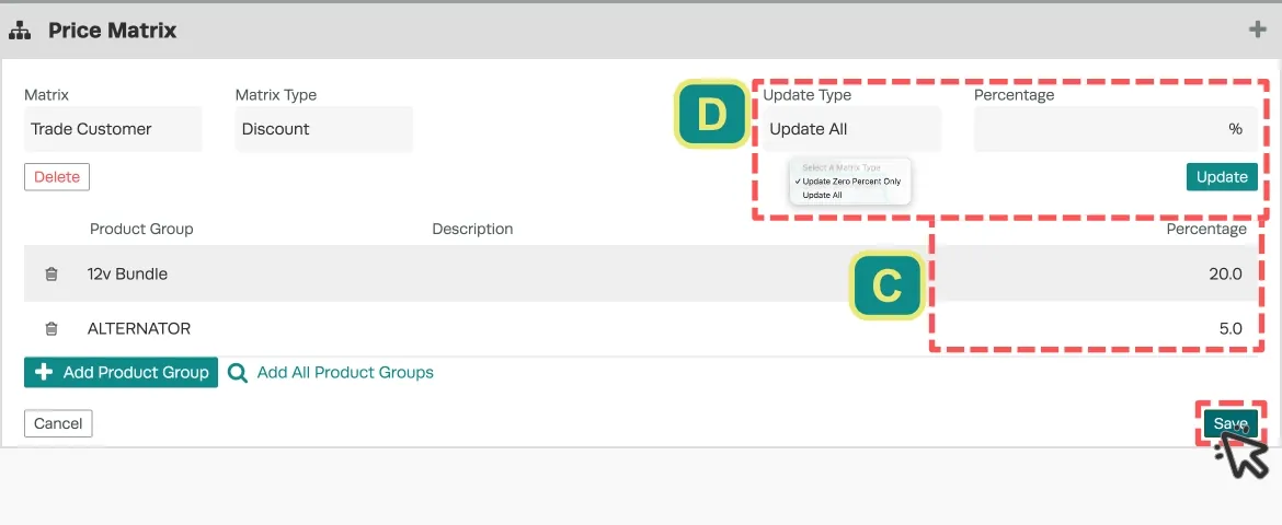An image of a Price Matrix with two Product Groups added, the individual Percentage Fields for each Product Group are highlighted and tagged C, the Update All and batch Percentage Field is highlighted and tagged D. A cursor icon indicates to click the Save button.