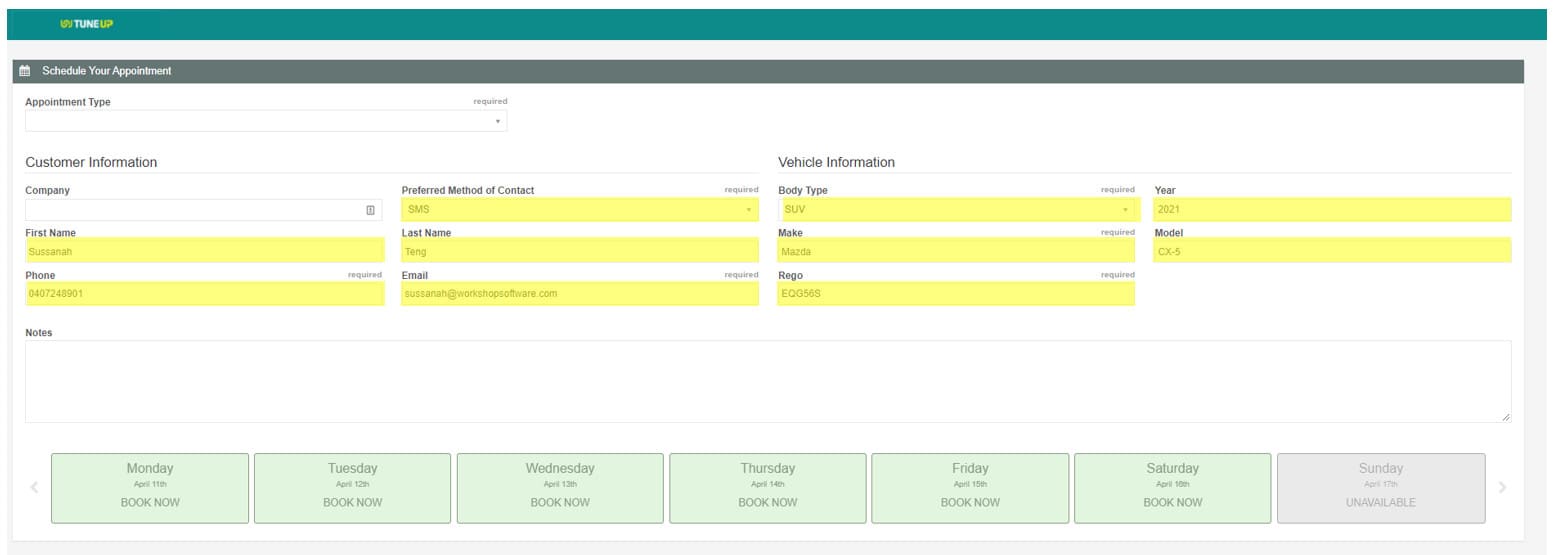 A completed Online Booking form for a Workshop Software client, filled from a booking reminder