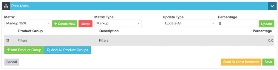 A cropped screenshot of Workshop Softwares Price Matrix Screen as it appears for a Multi-branch user.