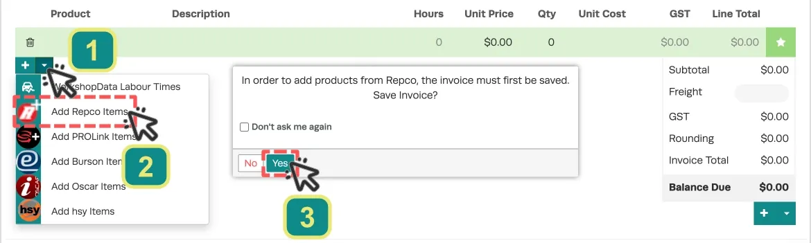 A screenshot of an empty Product List in an Invoice. Numbered cursors indicate to click the down arrow, choose Add Repco Items and then confirm Yes in the pop up that will open