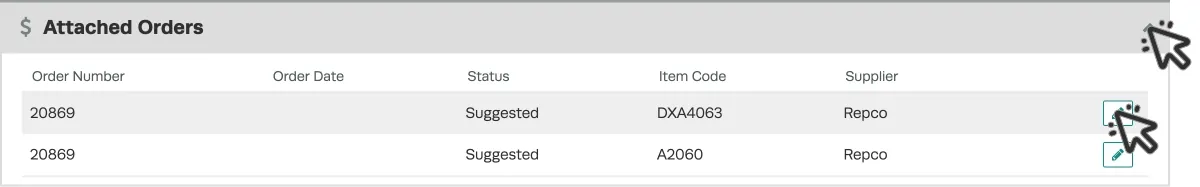 A screenshot of the Attached Orders field inside an Invoice. Cursors indicate to click the arrow to open the list and choose the order with Repco as the supplier.