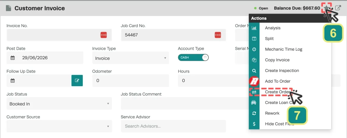 A cropped screenshot of an Invoice. Numbered cursors indicate to click the Star icon and choose Create Order.