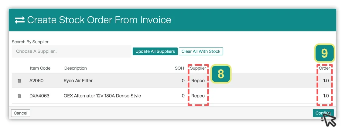 A screenshot of the Create Stock Order from Invoice pop up. The Supplier field and Order field are highlighted and a cursor indicates to click Confirm.