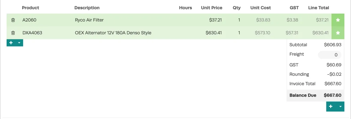 A cropped screenshot of the Parts List inside an Invoice. Parts previously returned from Repco are now included.