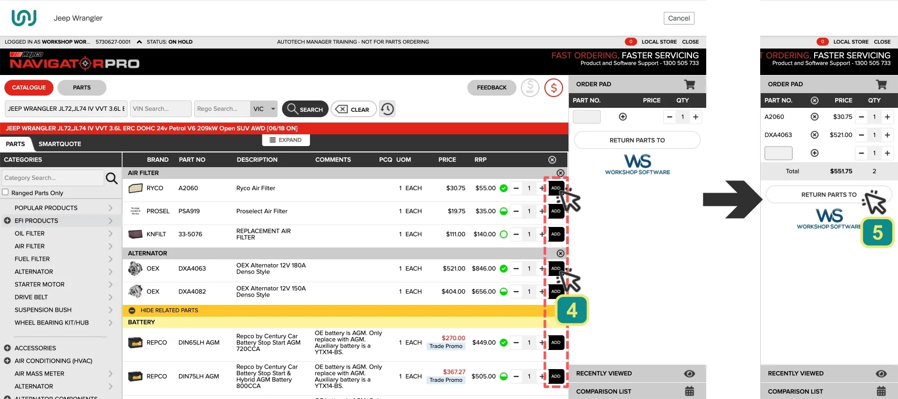 Screenshots of Repco Navigator. numbers provide guidance to click the Add button for desired parts and then the Return Parts to WS button.