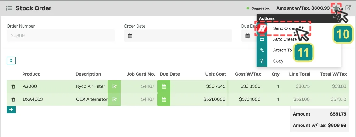A screenshot of a Stock Order. Numbered cursors indicates to click the Star icon then select the Send Order option next to a Repco Icon.