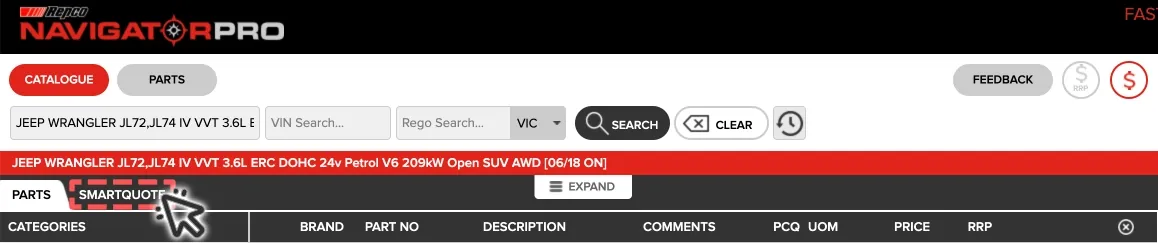 A cropped screenshot of Repco Navigator, the Smartquote tab is highlighted and a cursor indicates a click.