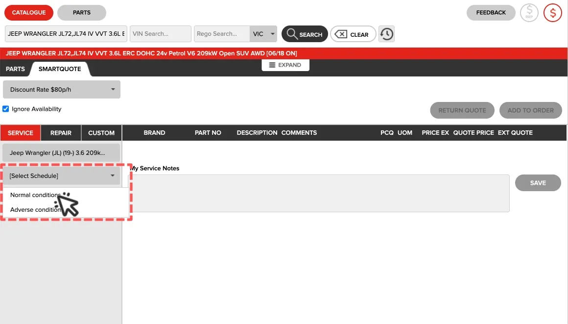 A cropped screenshot of Repco’s Smartquote page, the select schedule dropdown menu is open and highlighted.