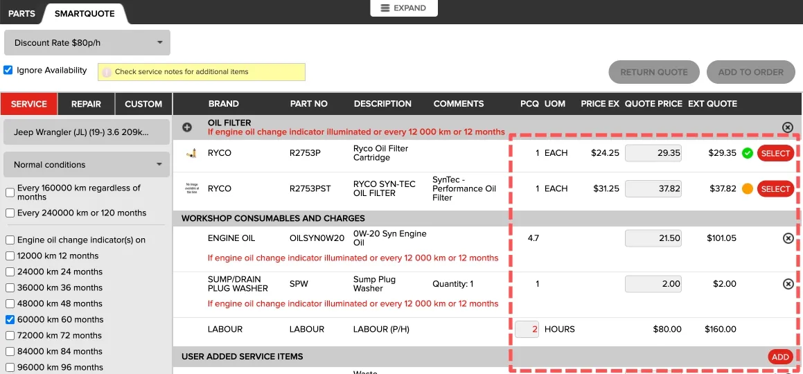A cropped screenshot of Repco’s Smartquote page. The section where parts and services are selected and modified is highlighted.