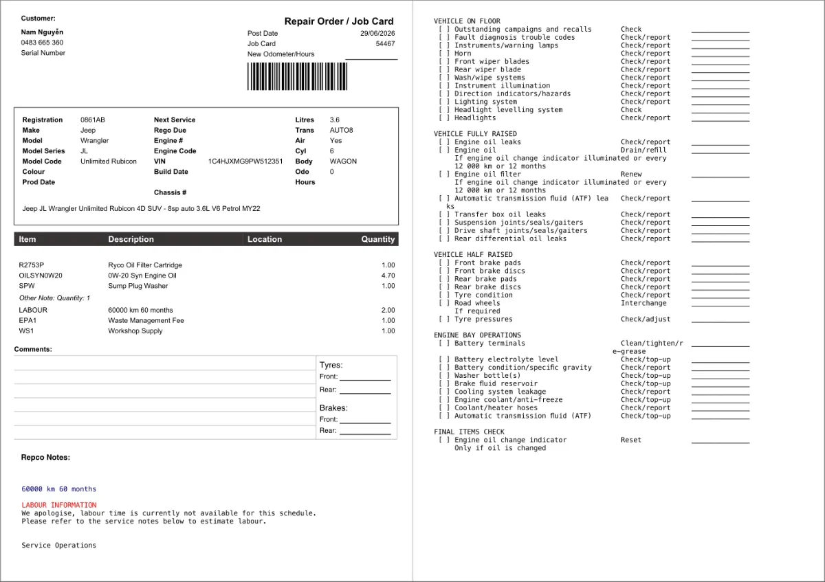 A Workshops Software Job Card. A section called Repco Notes is included for a 60,000 km service.