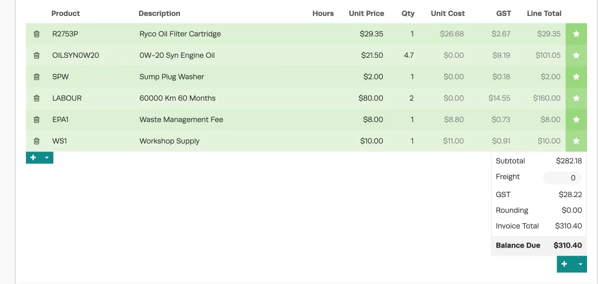 A screenshot of a parts list inside an Invoice. The parts and services are those previously selected using Repco’s Smartquote function.