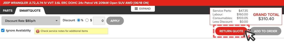 A cropped screenshot of Repco’s Smartquote page. The Return Quote button is highlighted.