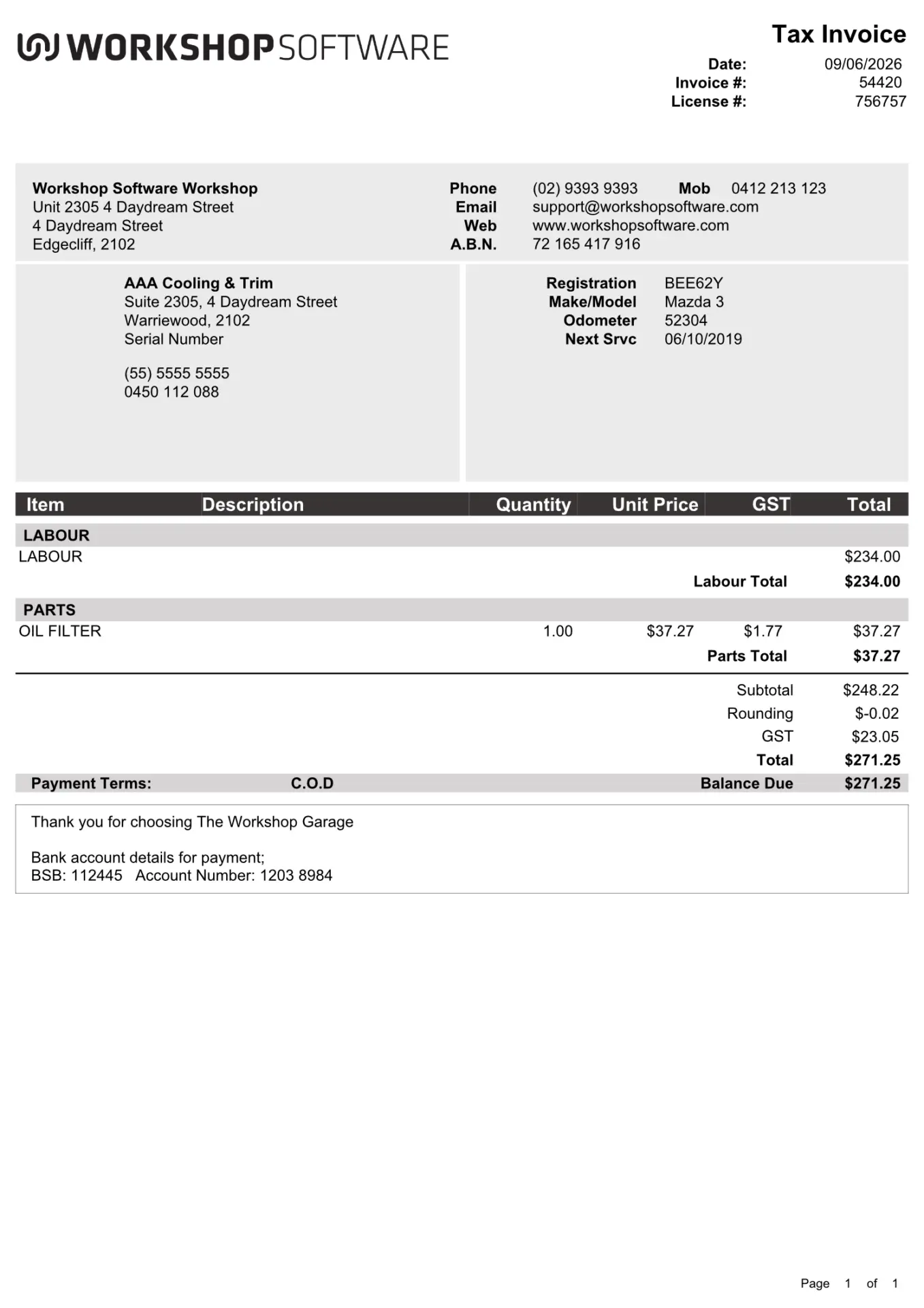 A screenshot of an Invoice sent through WorkshopPay’s SMS function.