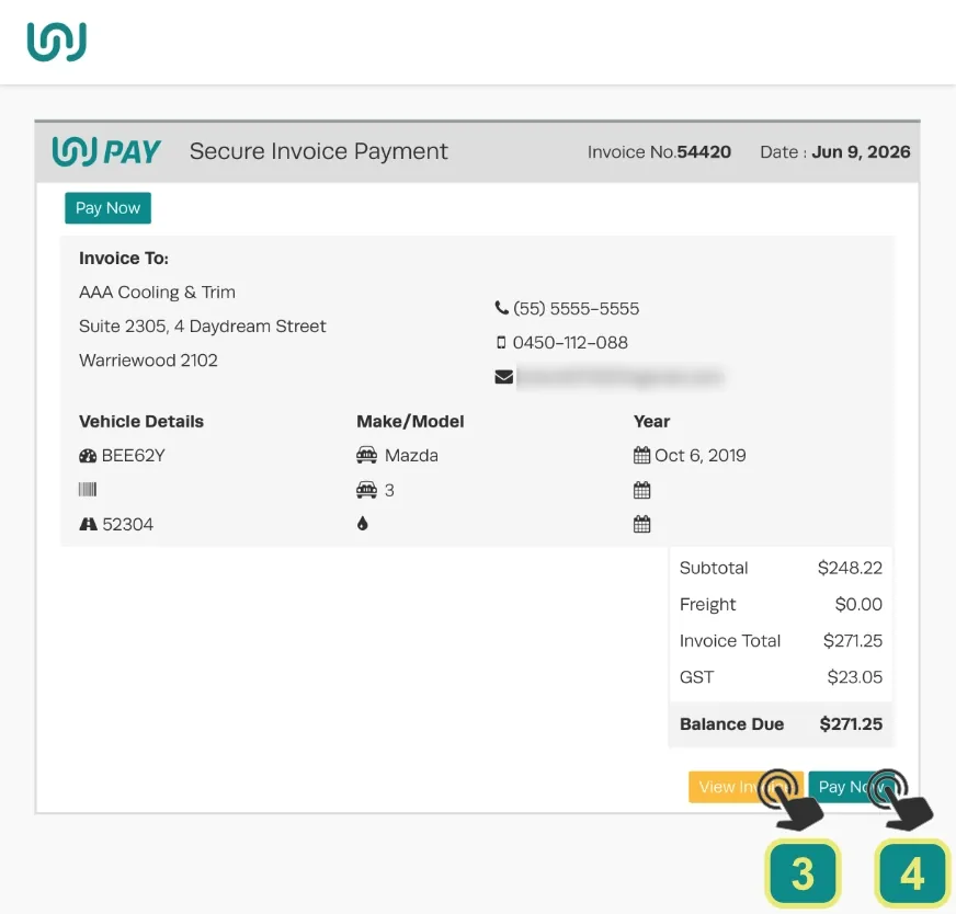 A screenshot of WorkshopPay’s customer facing Secure Invoice Payment page.