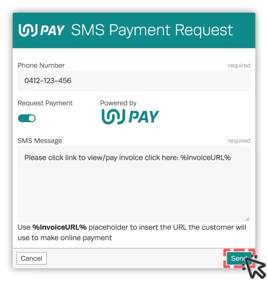 A screenshot of Workshop Software’s SMS payment request pop up. The Send button is highlighted.