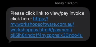 A cropped screenshot of an SMS message with an Invoice payment link for Workshop Software.