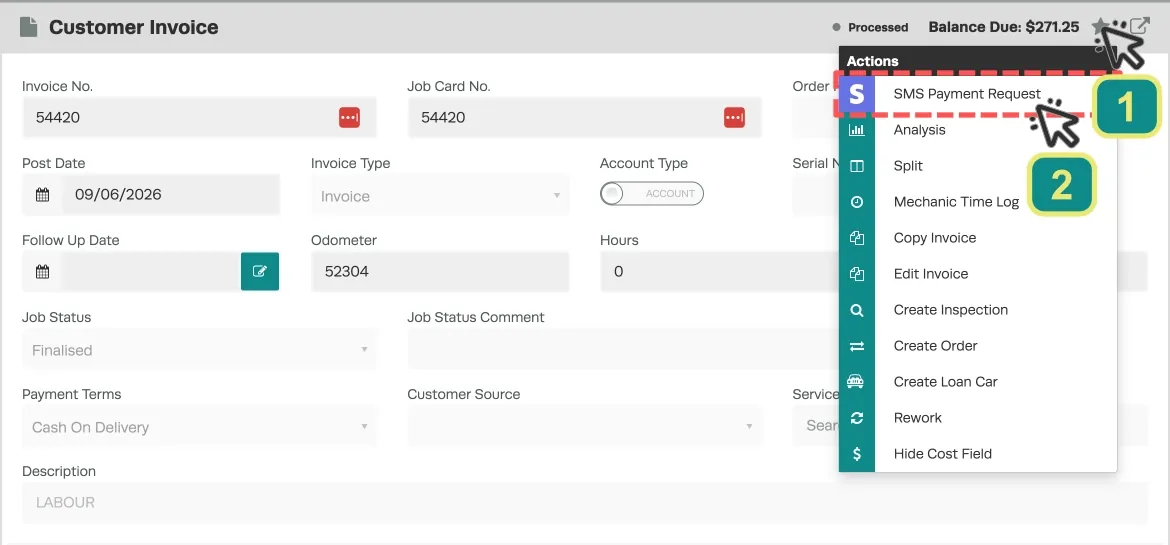 A cropped screen shot of the Customer Invoice Page, cursors indicate to click the star in the Customer Invoice header and select SMS Payment Request.