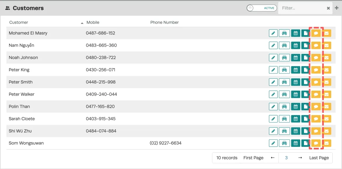 A screenshot of the Customer List. The orange SMS icons are highlighted in the customer list.