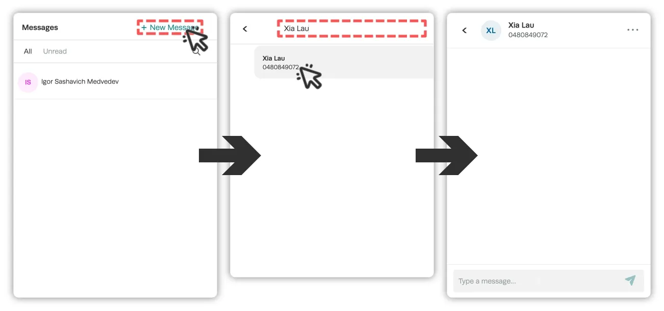Screenshots of the SMS messaging drop down menu. Cursors indicate to select + New Message, search for a customer and click them.