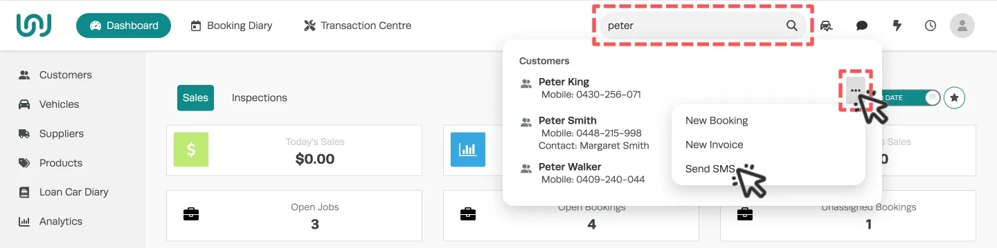 A screenshot of a search using the Main Search Bar. The … icon is highlighted and a cursor indicates to click the Send SMS option in the drop down.