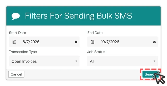 A screenshot of the filter pop up for SMS messages from the Transaction Centre. The Select button is highlighted.