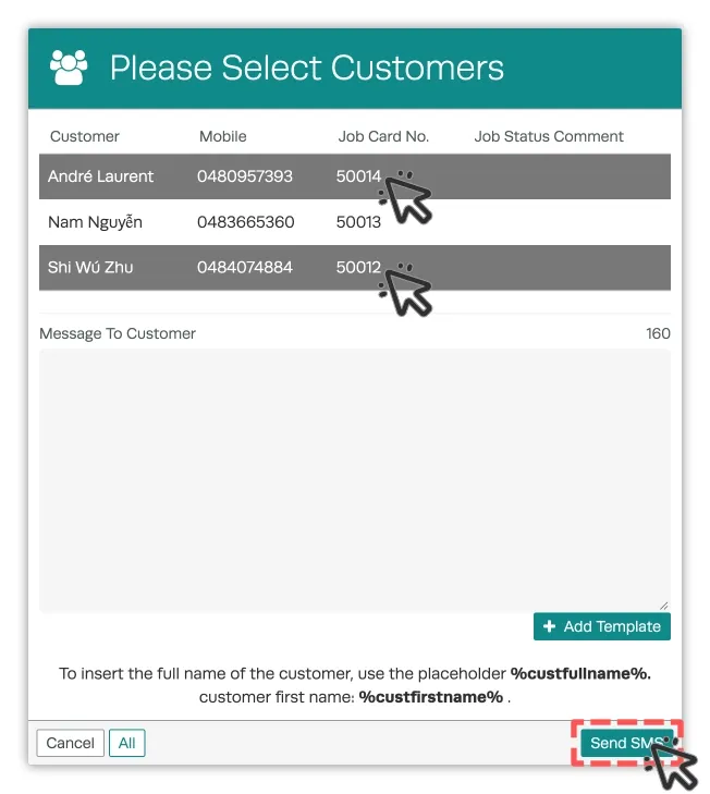 A screenshot of the bulk SMS pop up available in the Transaction Centre. Cursors indicate to click the desired customers then the Send SMS button.