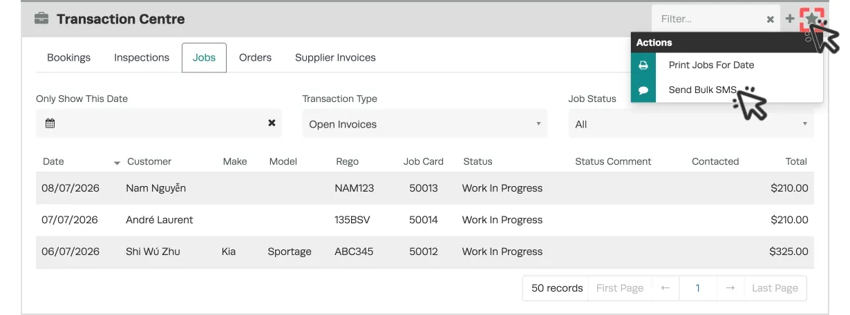 A screenshot of the Jobs List in the Transaction Centre. Cursors indicate to click the Star icon then Send Bulk SMS.