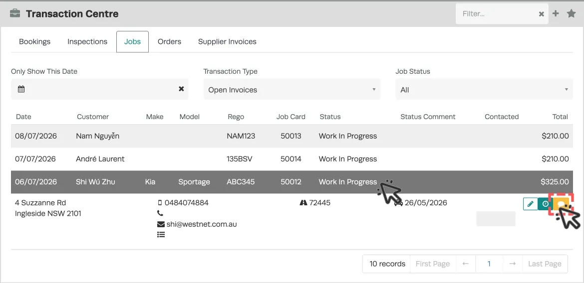 A screenshot of the Jobs List in the Transaction Centre. A cursor indicates to click a Job to open its details and the orange SMS message icon is highlighted.