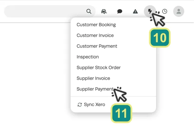 A cropped screenshot of Workshop Software, numbered cursors show clicking the Lightning Bolt icon and selecting Supplier Payment