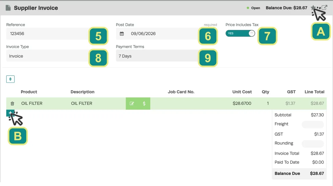 A Screenshot of the Supplier Invoice page, the Fields are numbered to match descriptions in the text. A cursor marked A indicates the Star icon, a cursor B Indicates the Add Stock Order button.