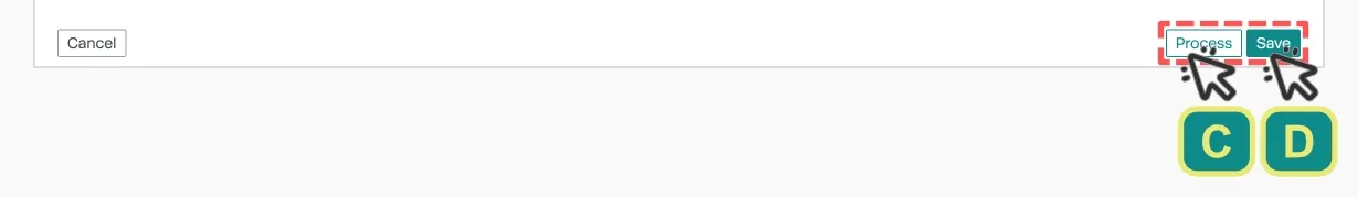 A cropped screenshot of the Supplier Invoice Page, callouts indicate the Save and Process Buttons.