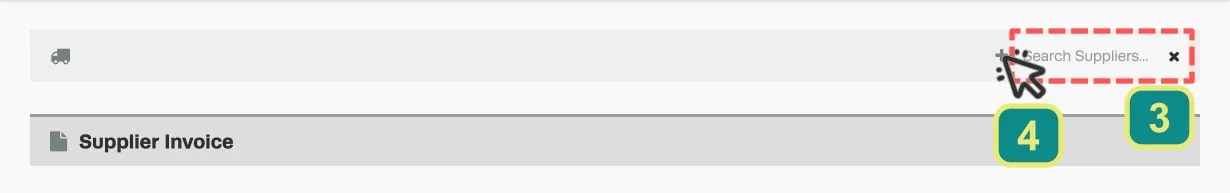A cropped screenshot of the Supplier Invoice page, numbered callouts indicate the search bar and + Icont