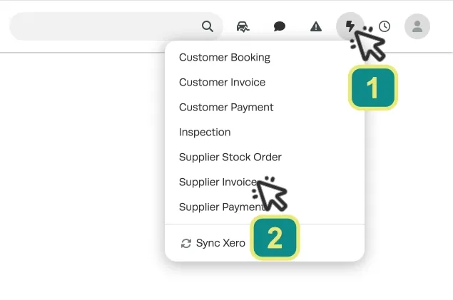 A cropped screenshot of Workshop Software, numbered cursors show clicking the Lightning Bolt icon and selecting Supplier Invoice.