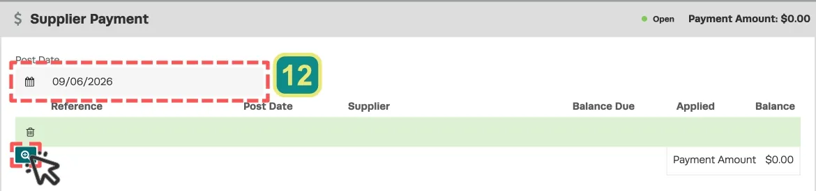 A cropped screenshot of the Supplier Payment page, a box surrounds the Post Date field and a cursor indicates a click on the add Invoice button.