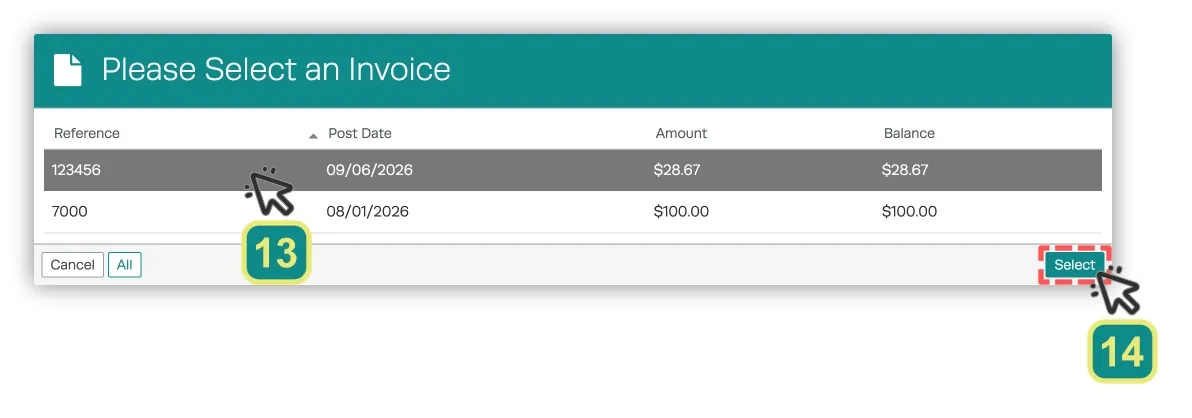 A screenshot of the Invoice Selection pop up for Supplier Payments. Numbered cursors indicate to choose a Supplier Invoice/s and then click Select.